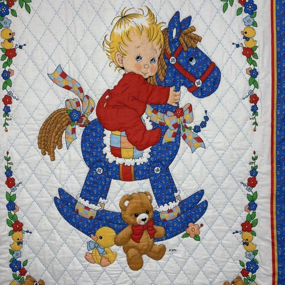 Baby Boy European Swedish Inspired Rocking Horse Nursery Quilt